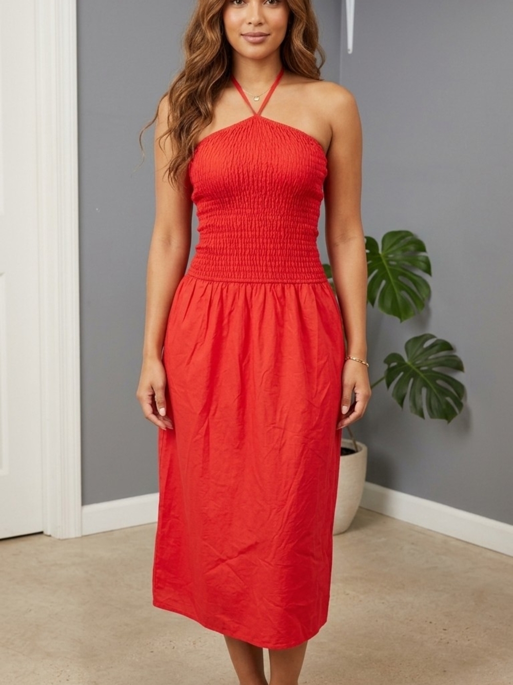 Zara Red Smocked Halter Midi Dress